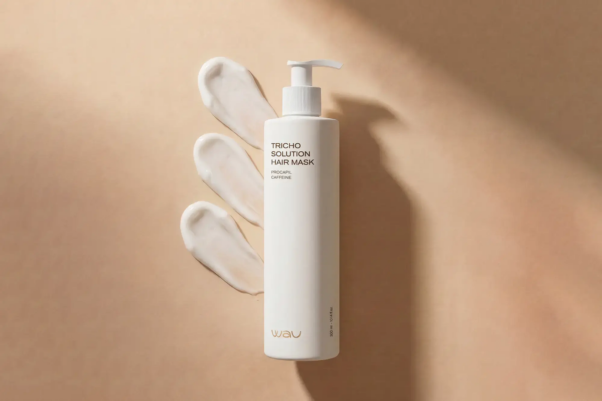Tricho Solution Hair Mask on a beige background with product texture, ideal hair growth mask for stimulating hair follicles.