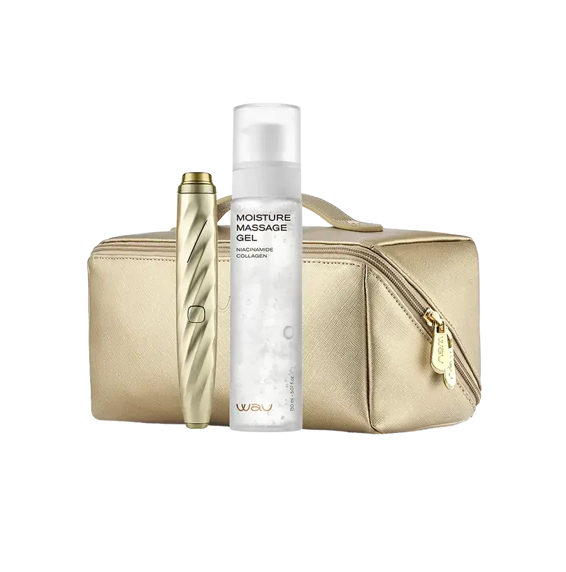 Eye shine product set including AI New device, moisture massage gel, and stylish gold pouch.