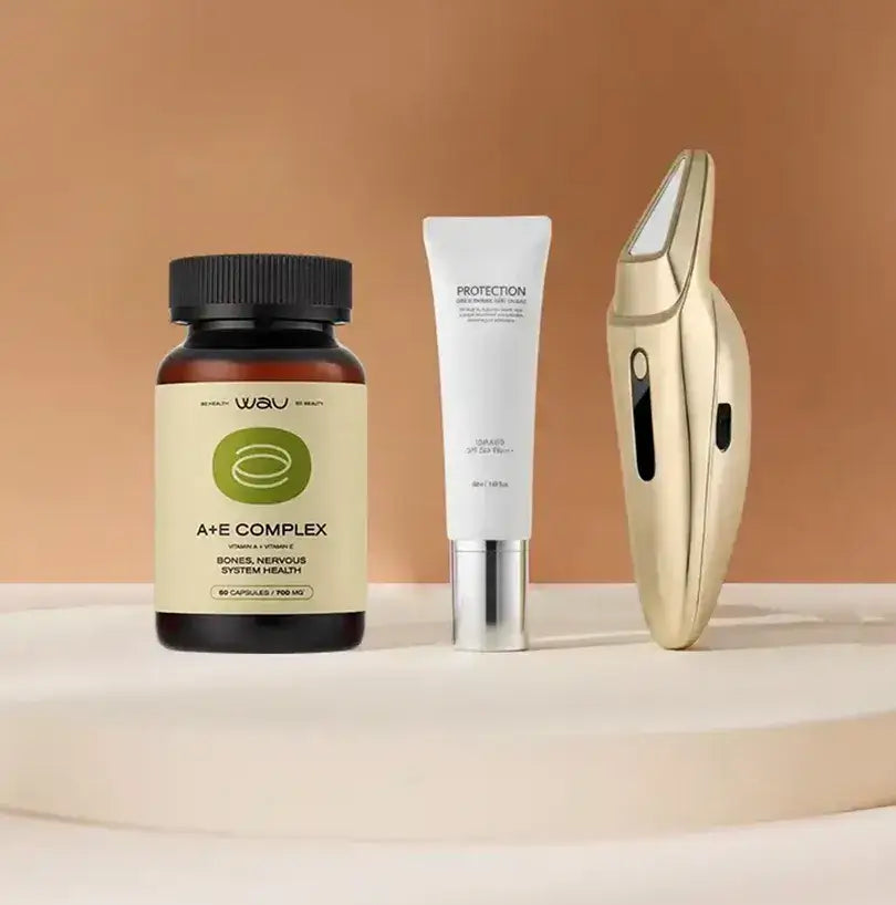 Plasma care product set including A+E complex, protective serum, and device on a neutral background.