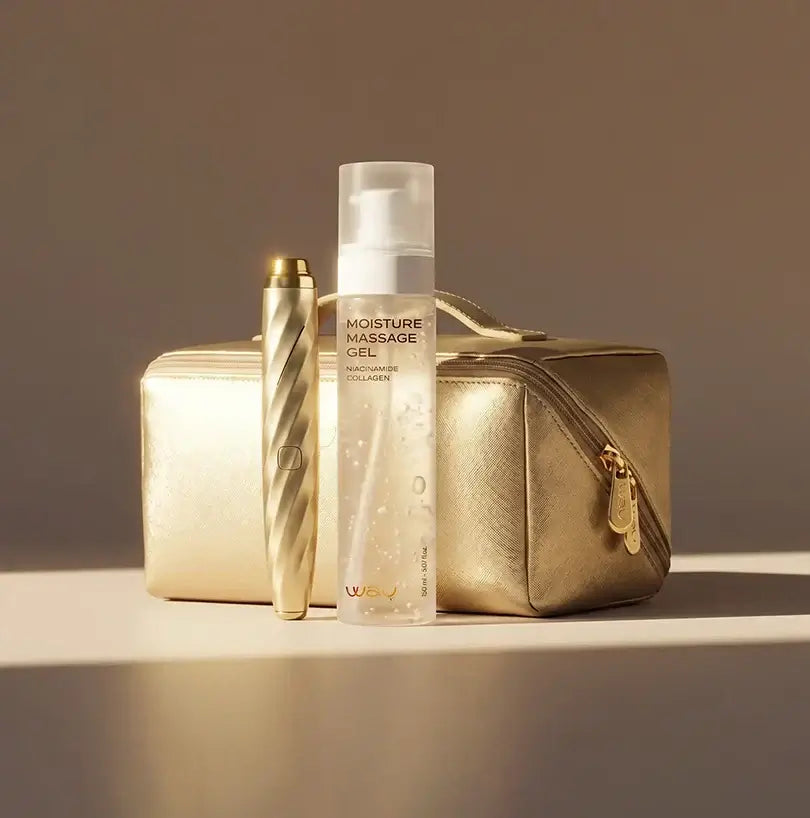 Eye shine product featuring AI New device and moisture massage gel in elegant gold packaging.