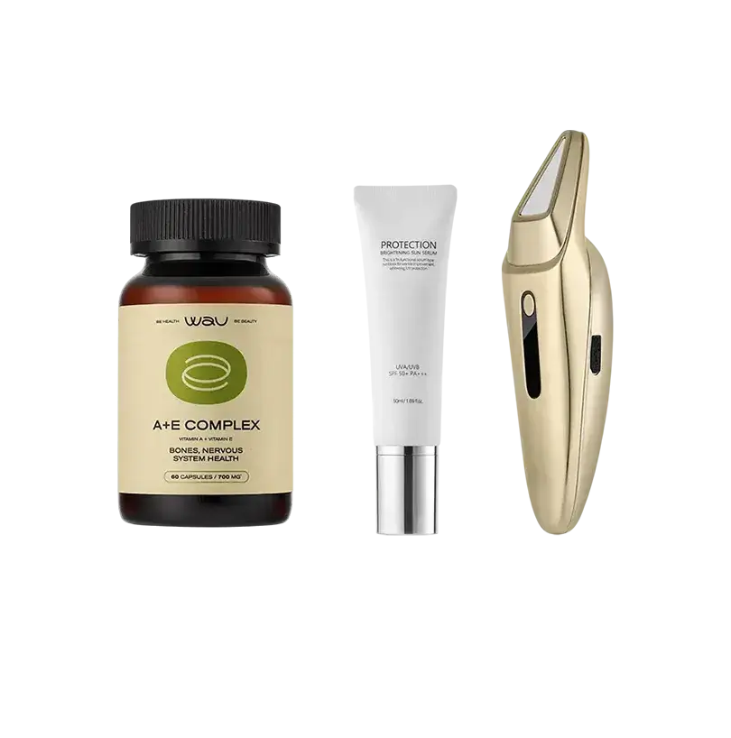 Plasma care products including A+E complex supplement, serum with SPF, and NEO device for skin transformation.
